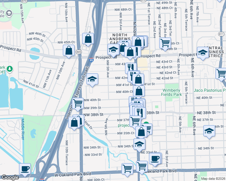 map of restaurants, bars, coffee shops, grocery stores, and more near 364 Northwest 40th Court in Oakland Park