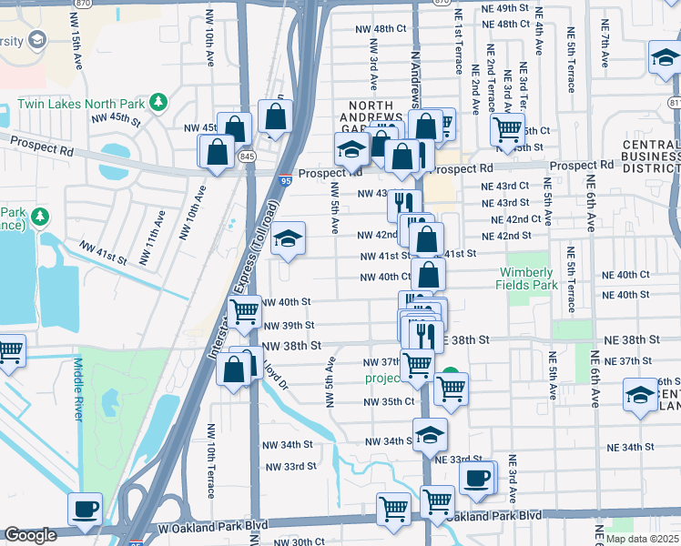 map of restaurants, bars, coffee shops, grocery stores, and more near 4027 Northwest 5th Avenue in Oakland Park