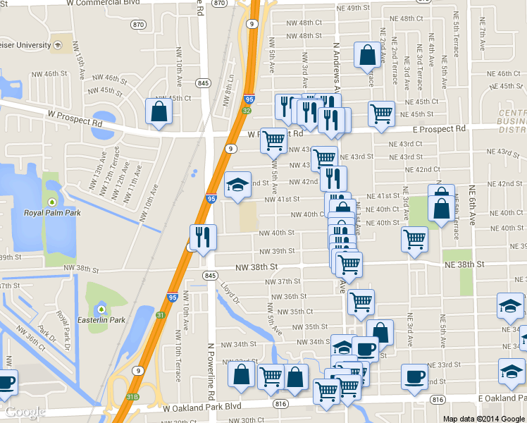 map of restaurants, bars, coffee shops, grocery stores, and more near 4027 Northwest 5th Avenue in Oakland Park