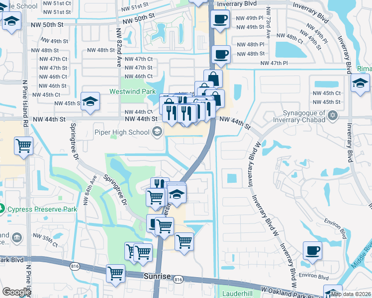 map of restaurants, bars, coffee shops, grocery stores, and more near 7649 Northwest 42nd Place in Sunrise