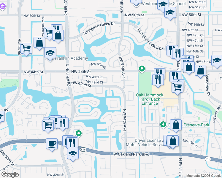 map of restaurants, bars, coffee shops, grocery stores, and more near 9465 Northwest 42nd Street in Sunrise