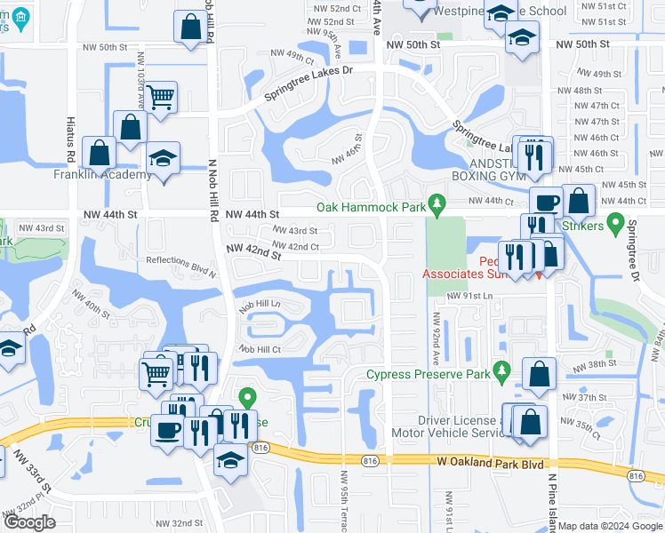 map of restaurants, bars, coffee shops, grocery stores, and more near 4120 Northwest 96th Terrace in Sunrise