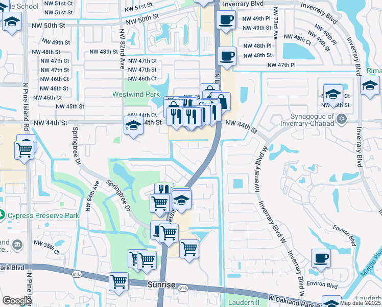 map of restaurants, bars, coffee shops, grocery stores, and more near 7649 Northwest 42nd Place in Sunrise