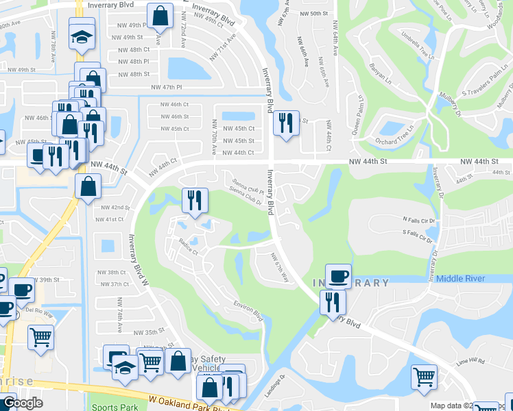 map of restaurants, bars, coffee shops, grocery stores, and more near 6726 Sienna Club Drive in Lauderhill