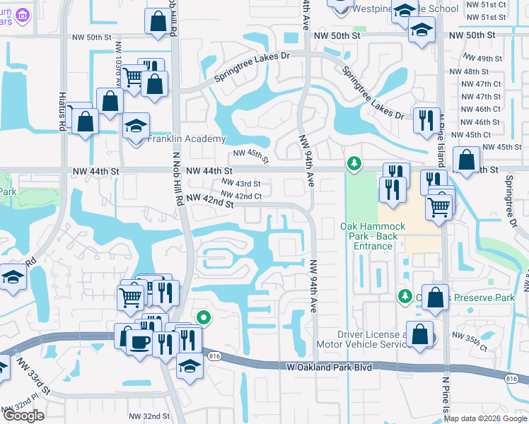 map of restaurants, bars, coffee shops, grocery stores, and more near 4120 Northwest 96th Terrace in Sunrise