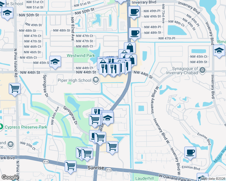 map of restaurants, bars, coffee shops, grocery stores, and more near 7649 Northwest 42nd Place in Sunrise