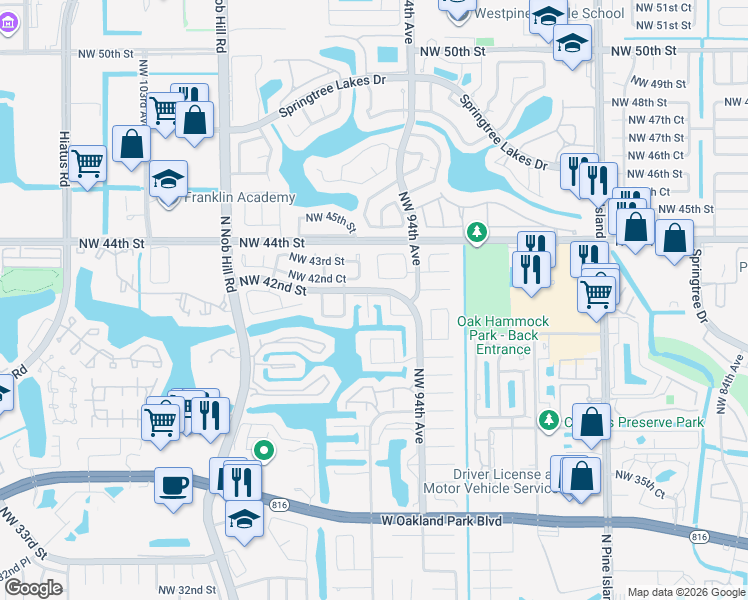 map of restaurants, bars, coffee shops, grocery stores, and more near 9465 Northwest 42nd Street in Sunrise