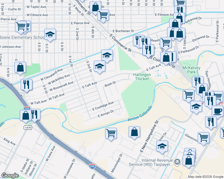 map of restaurants, bars, coffee shops, grocery stores, and more near 1714 Reagan Street in Harlingen
