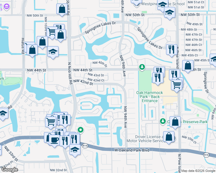 map of restaurants, bars, coffee shops, grocery stores, and more near 4120 Northwest 96th Terrace in Sunrise
