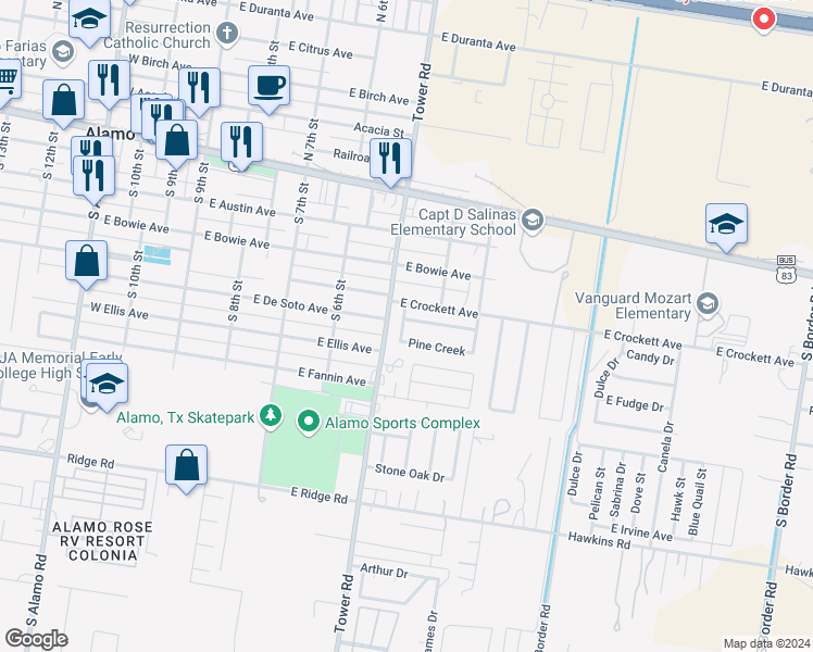 map of restaurants, bars, coffee shops, grocery stores, and more near 417 Silver Creek in Alamo