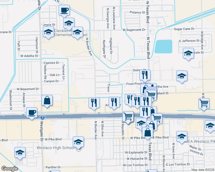 map of restaurants, bars, coffee shops, grocery stores, and more near 609 Hidden Trace in Weslaco