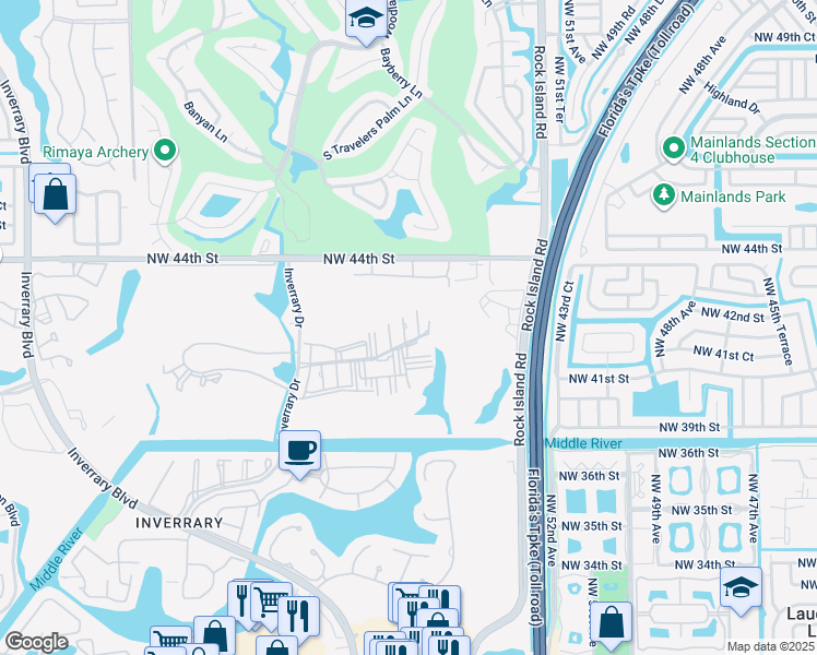 map of restaurants, bars, coffee shops, grocery stores, and more near 4164 Inverrary Drive in Lauderhill