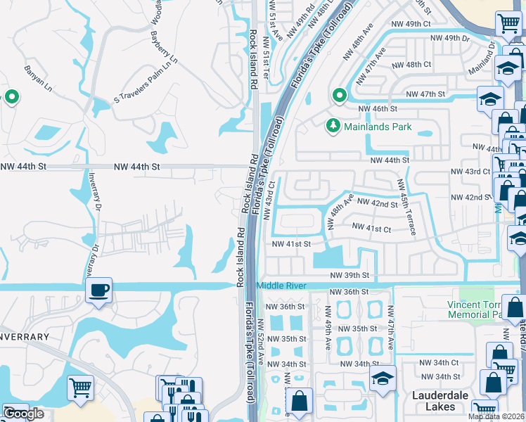 map of restaurants, bars, coffee shops, grocery stores, and more near 4151 Northwest 51st Avenue in Lauderdale Lakes