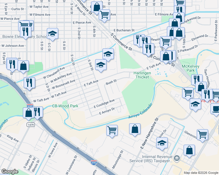 map of restaurants, bars, coffee shops, grocery stores, and more near 1617 Bush Street in Harlingen