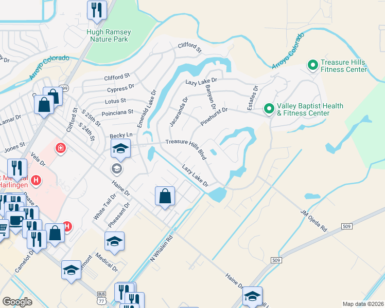 map of restaurants, bars, coffee shops, grocery stores, and more near 2910-2914 Bay Hill Court in Harlingen