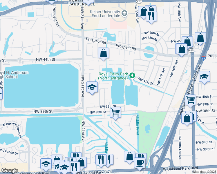 map of restaurants, bars, coffee shops, grocery stores, and more near 1798 Northwest 40th Street in Oakland Park