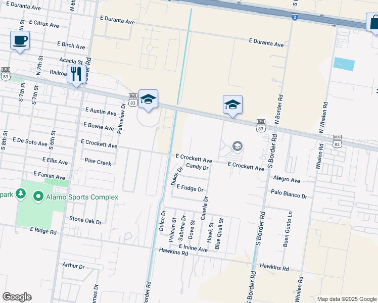 map of restaurants, bars, coffee shops, grocery stores, and more near 401 Dulce Drive in Alamo