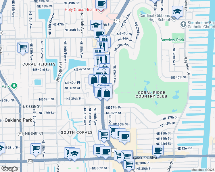 map of restaurants, bars, coffee shops, grocery stores, and more near 2110 Northeast 39th Street in Fort Lauderdale