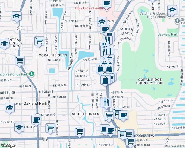 map of restaurants, bars, coffee shops, grocery stores, and more near 3960 Northeast 18th Avenue in Oakland Park