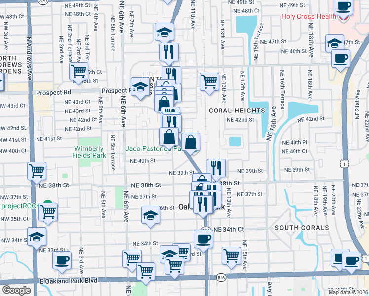 map of restaurants, bars, coffee shops, grocery stores, and more near 1079 Northeast 40th Court in Oakland Park
