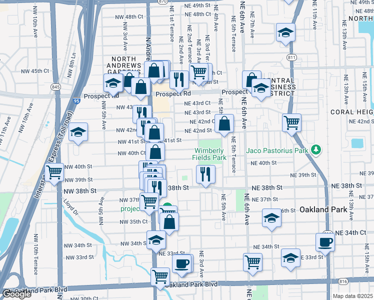 map of restaurants, bars, coffee shops, grocery stores, and more near 261 Northeast 40th Street in Oakland Park