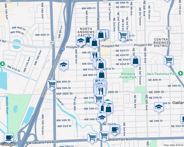 map of restaurants, bars, coffee shops, grocery stores, and more near 146 Northwest 40th Court in Oakland Park