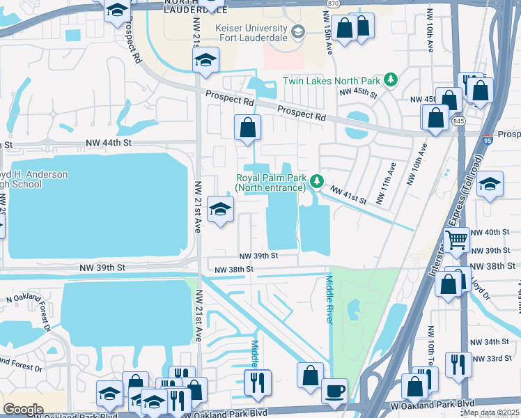 map of restaurants, bars, coffee shops, grocery stores, and more near 1798 Northwest 40th Street in Oakland Park