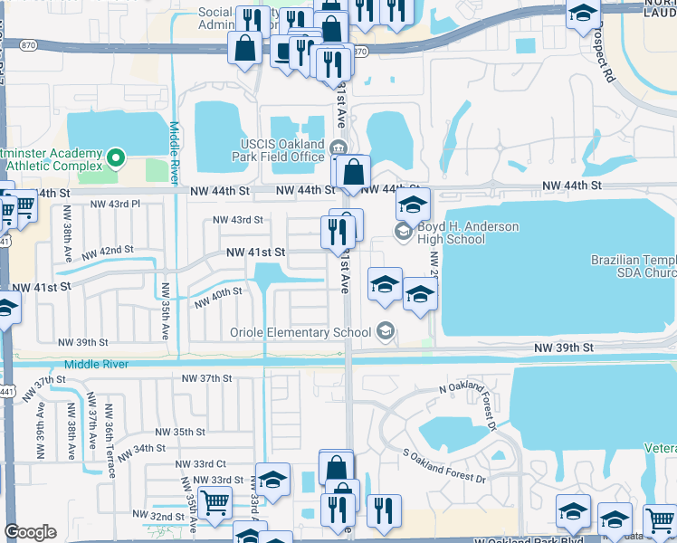 map of restaurants, bars, coffee shops, grocery stores, and more near 4021 Northwest 30th Terrace in Lauderdale Lakes