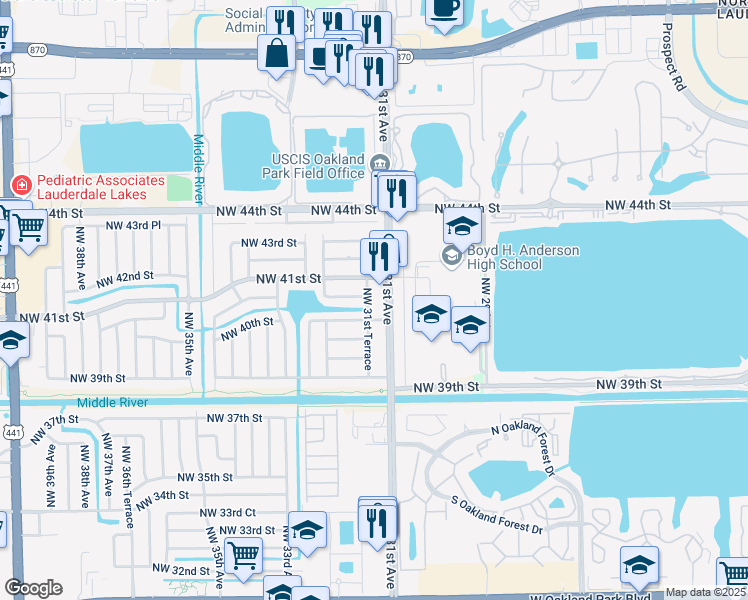 map of restaurants, bars, coffee shops, grocery stores, and more near 3143 Northwest 40th Street in Lauderdale Lakes