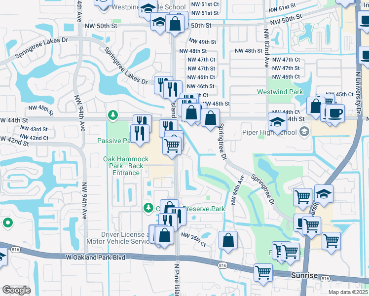 map of restaurants, bars, coffee shops, grocery stores, and more near 4108 North Pine Island Road in Sunrise