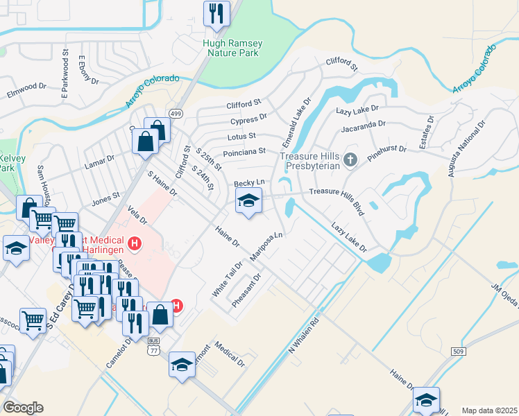 map of restaurants, bars, coffee shops, grocery stores, and more near 2814 Quail Run Street in Harlingen