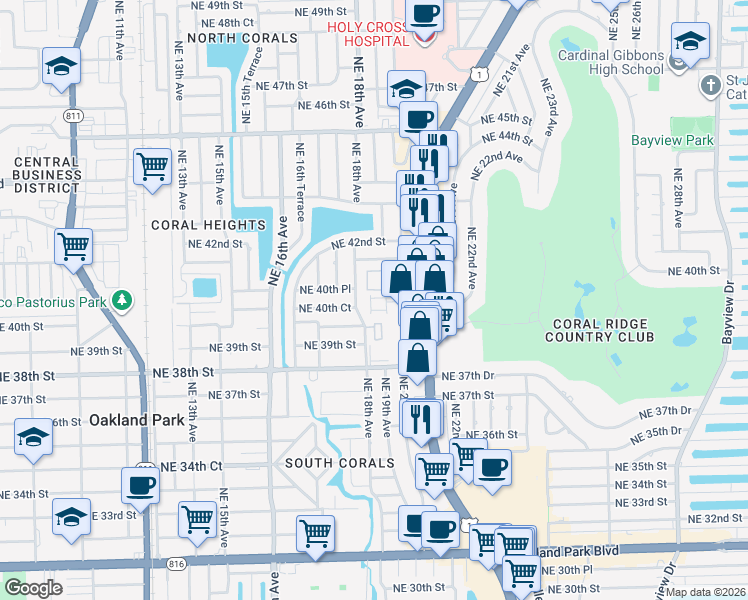 map of restaurants, bars, coffee shops, grocery stores, and more near 3960 Northeast 18th Avenue in Oakland Park
