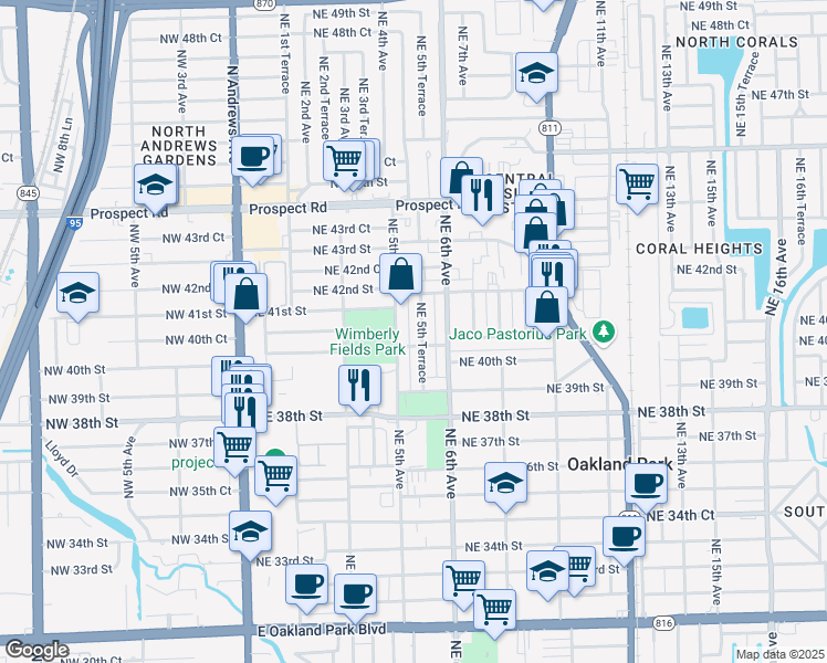 map of restaurants, bars, coffee shops, grocery stores, and more near 501-549 Northeast 40th Court in Oakland Park
