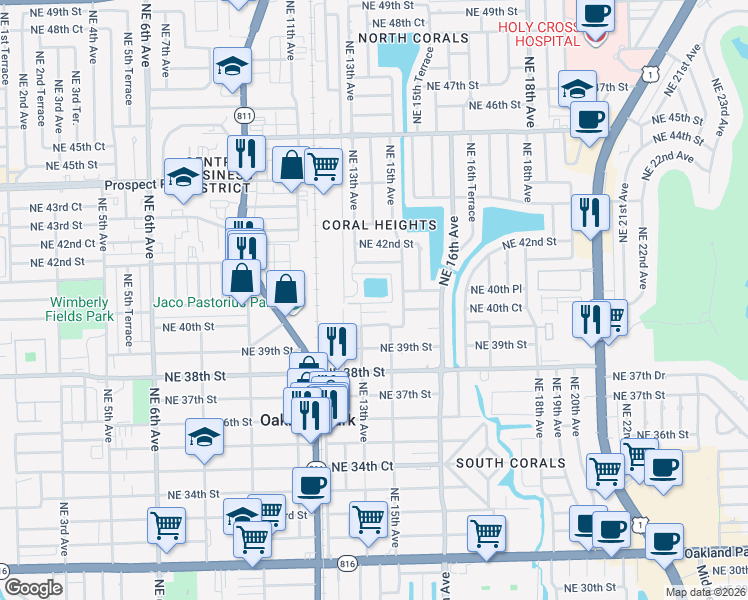 map of restaurants, bars, coffee shops, grocery stores, and more near 1401 Northeast 40th Court in Oakland Park