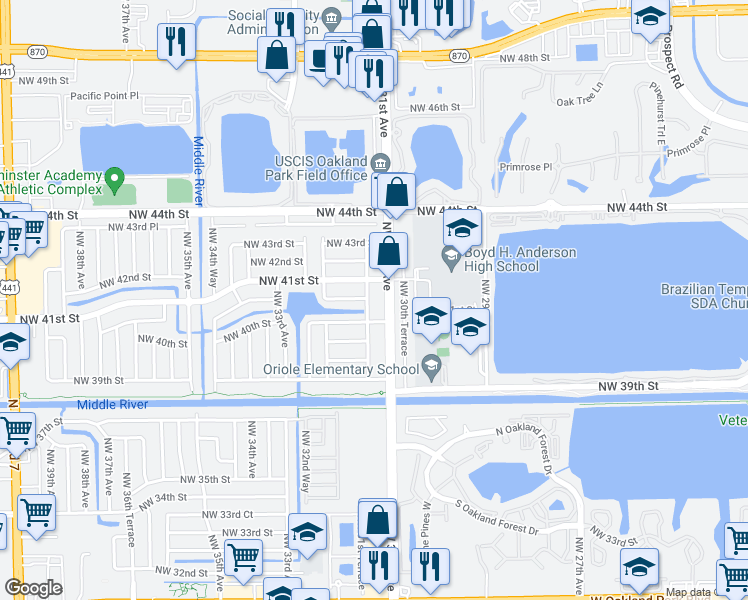 map of restaurants, bars, coffee shops, grocery stores, and more near 4050 Northwest 31st Terrace in Lauderdale Lakes