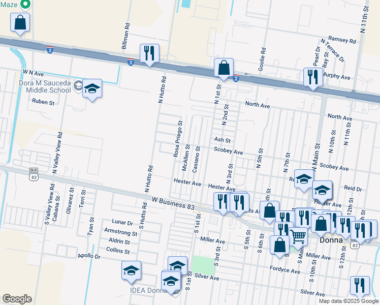 map of restaurants, bars, coffee shops, grocery stores, and more near 306 Northwest 2nd Street in Donna