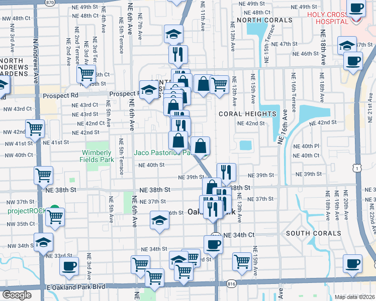 map of restaurants, bars, coffee shops, grocery stores, and more near 4030 Northeast 10th Avenue in Oakland Park