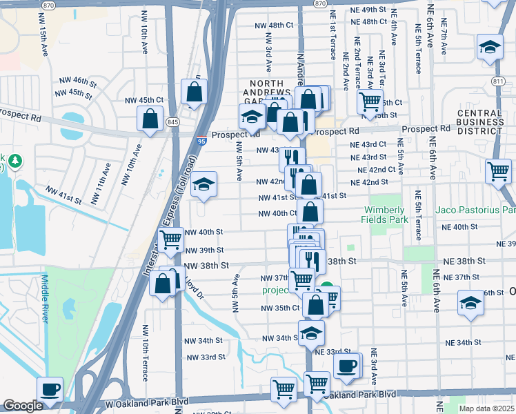 map of restaurants, bars, coffee shops, grocery stores, and more near 364 Northwest 40th Court in Oakland Park