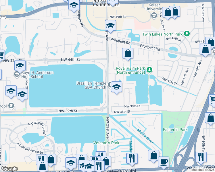 map of restaurants, bars, coffee shops, grocery stores, and more near 3980 Northwest 21st Avenue in Oakland Park