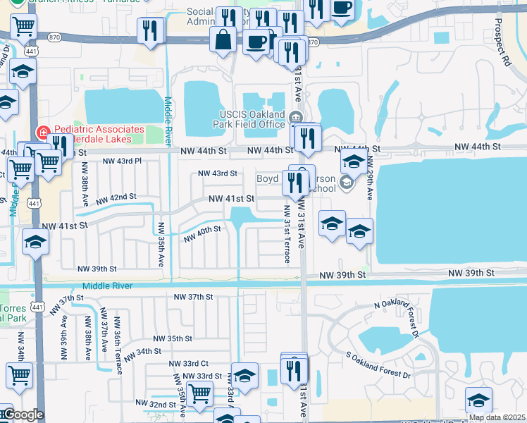 map of restaurants, bars, coffee shops, grocery stores, and more near 3201 Northwest 40th Street in Lauderdale Lakes