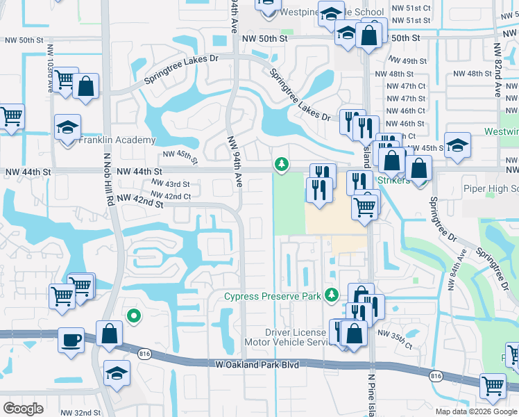 map of restaurants, bars, coffee shops, grocery stores, and more near 4060 Northwest 93rd Avenue in Sunrise
