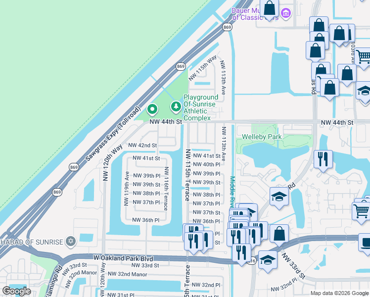 map of restaurants, bars, coffee shops, grocery stores, and more near 4081 Northwest 115th Terrace in Sunrise