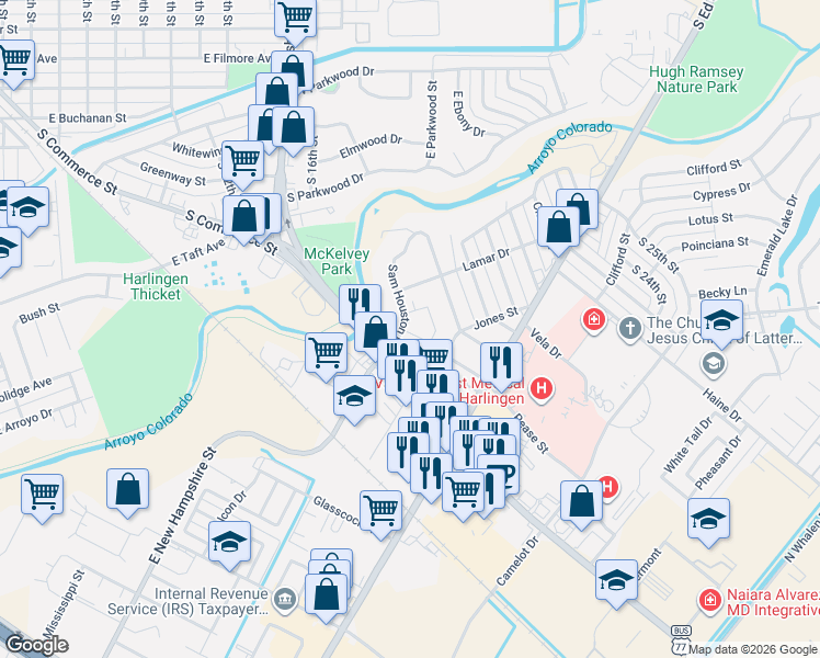 map of restaurants, bars, coffee shops, grocery stores, and more near 1608 Sam Houston Drive in Harlingen