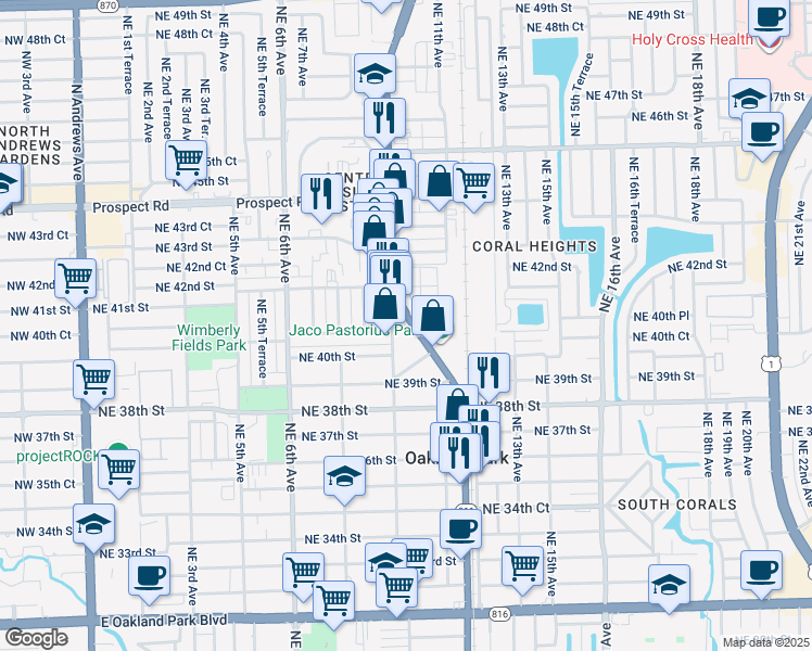 map of restaurants, bars, coffee shops, grocery stores, and more near 4030 Northeast 10th Avenue in Oakland Park