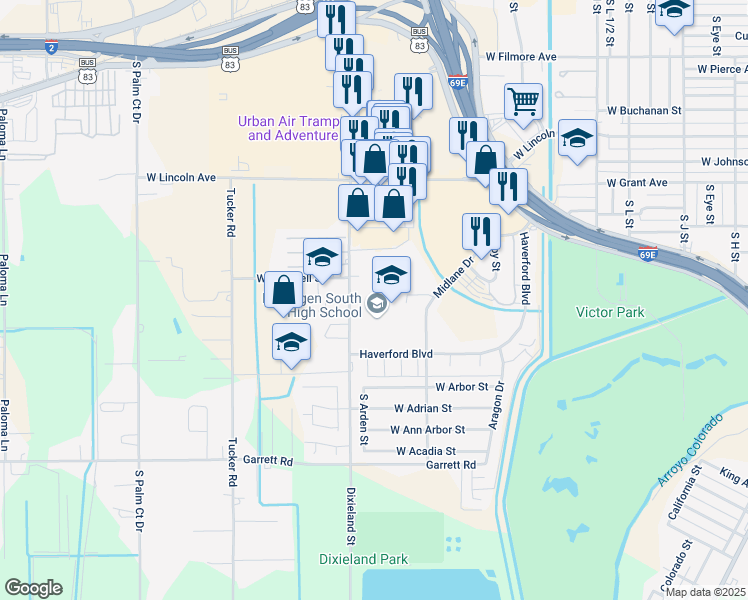 map of restaurants, bars, coffee shops, grocery stores, and more near 1701 Dixieland Road in Harlingen