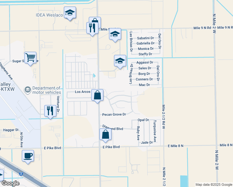 map of restaurants, bars, coffee shops, grocery stores, and more near 3522 Spanish Oak Drive in Weslaco