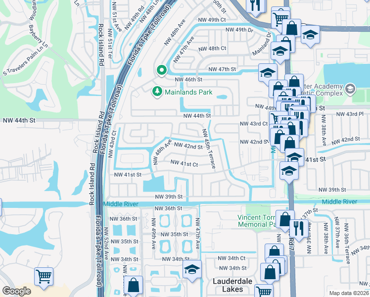 map of restaurants, bars, coffee shops, grocery stores, and more near 4700 Northwest 41st Place in Lauderdale Lakes