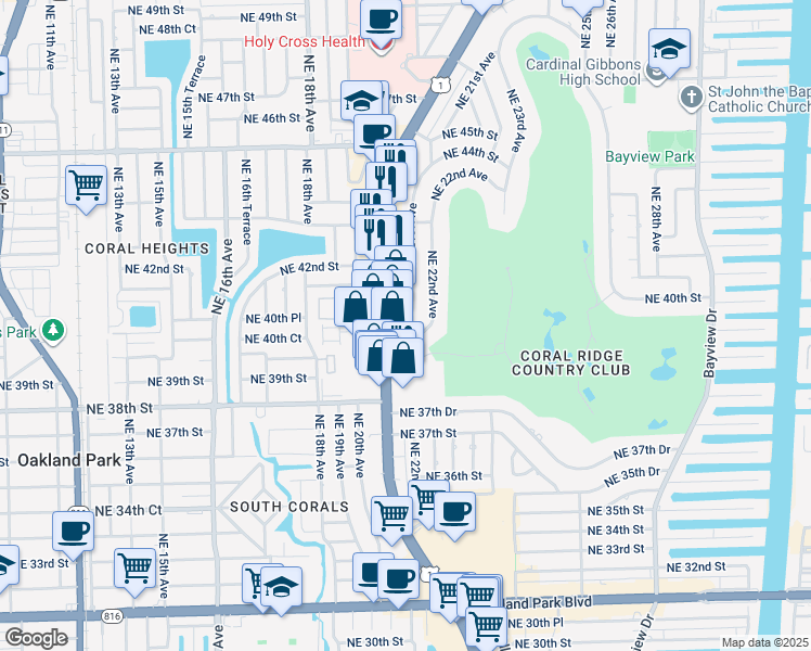 map of restaurants, bars, coffee shops, grocery stores, and more near 2110 Northeast 39th Street in Fort Lauderdale