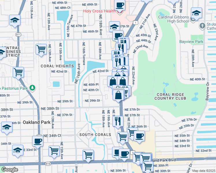 map of restaurants, bars, coffee shops, grocery stores, and more near 1942 Coral Heights Court in Oakland Park