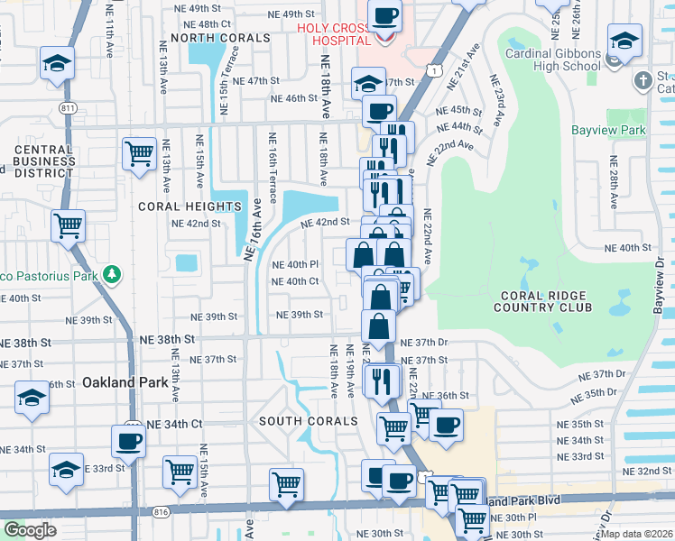 map of restaurants, bars, coffee shops, grocery stores, and more near 3960 Northeast 18th Avenue in Oakland Park